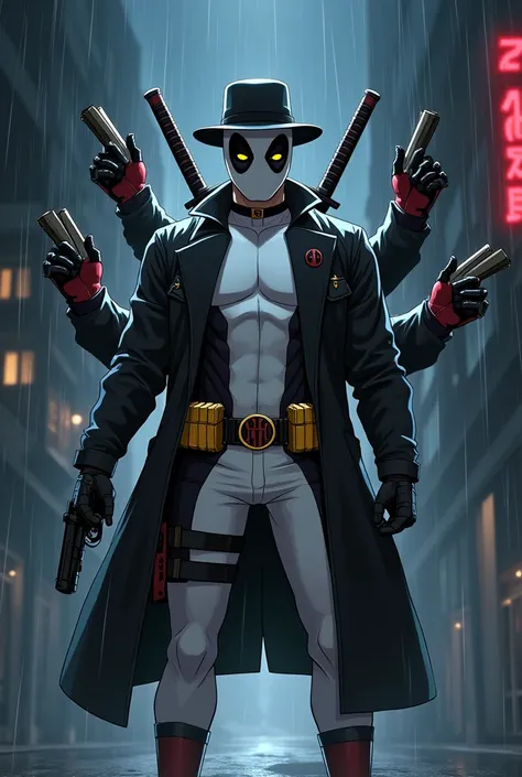 A man is wearing a Deadpool outfit, but it has the colors of Anti-Venom, that is, white and black. He has a black coat and several hands are coming out of the coat that are holding weapons. He wears a utility belt with two golden pistols and behind him on ...