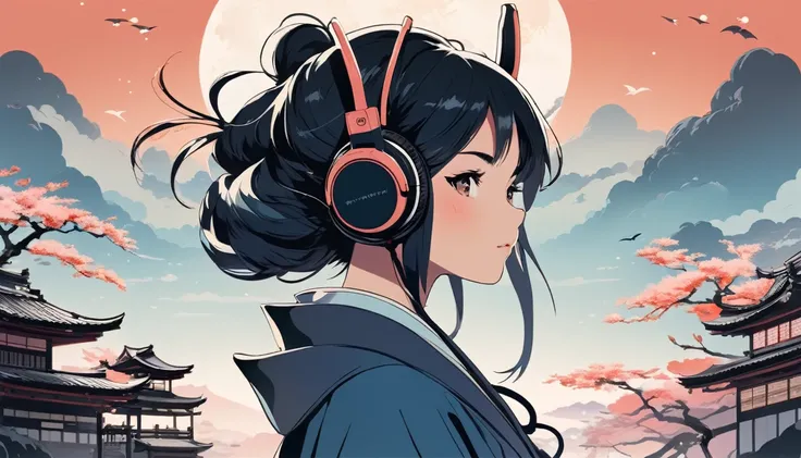 Ink Painting、Female samurai wearing headphones、Background Japanese Ukiyo-e、Wide-angle lens, Lofi Anime, Lofi illustration, Aesthetic atmosphere, Lo-Fi Style, Vector art, Flat Design, Simple shape, Warm tones, Pleasant atmosphere, Chill, In anime style, Dig...