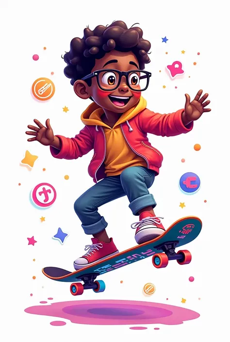 make an image of a skateboarder boy, around , almost black, who wears glasses, very short and curly hair, with elements of electronic games, with happy elements, with a white background