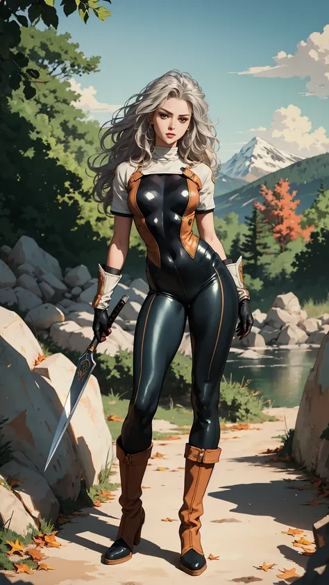 (((full body photo))),A middle-aged beautiful woman, long platinum-blond hair, neatly combed hair, a square face, a serious expression, sharp eyes, tall figure, a dark fantasy-realistic style bodysuit, short sleeve, a silver-white chestplate, gloves with m...