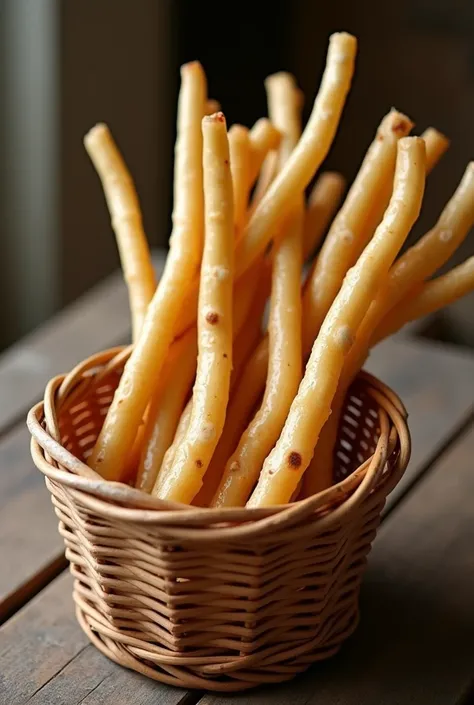 Long and wide spiral shaped cassava sticks, in a wicker basket container
