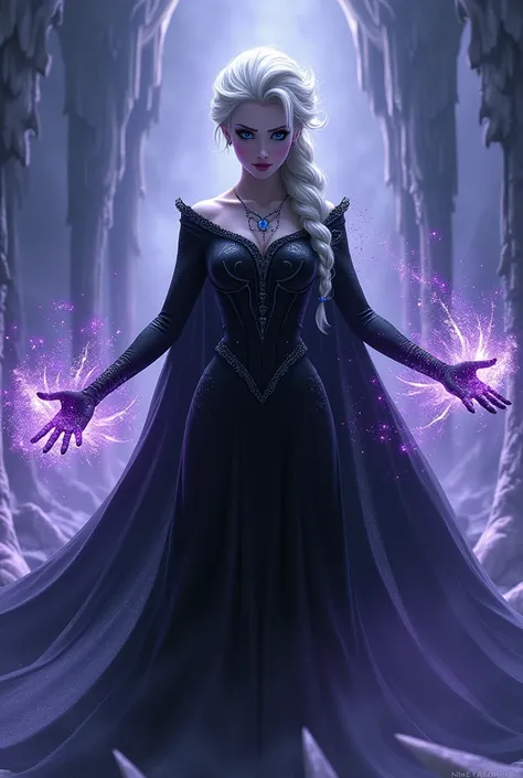 Elsa in black attire and her dark ice power with a penetrating purple 