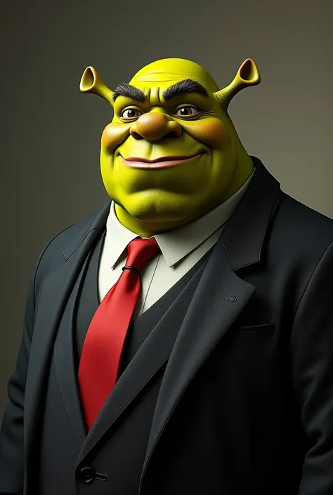 Shrek in black suit and red tie