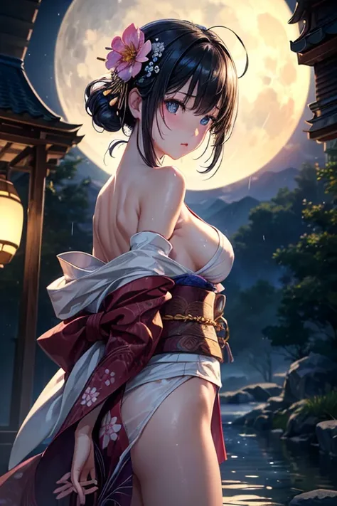 1 girl、chest、moon、Lantern、night、solo、Big Breasts、hair ornaments、Wet、kimono、kimono、water遊び、water、髪のflower、flower、Outdoor、null、満moon、rain、Black Hair、Off the shoulder、Mountain、cloud、hug、band、Bare shoulders、Lantern、Are standing、白いkimono、nightnull、Sideboob、band...