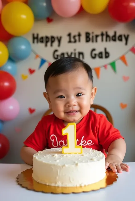 Create a 1st birthday baby boy filipino,Gavin gab theme birthday style and has written " happy 1st birthday Gavin gab " in the wall and the table has cake under the cake has "1". and have colorful balloons the baby boy wearing a red birthday t-shirts real ...