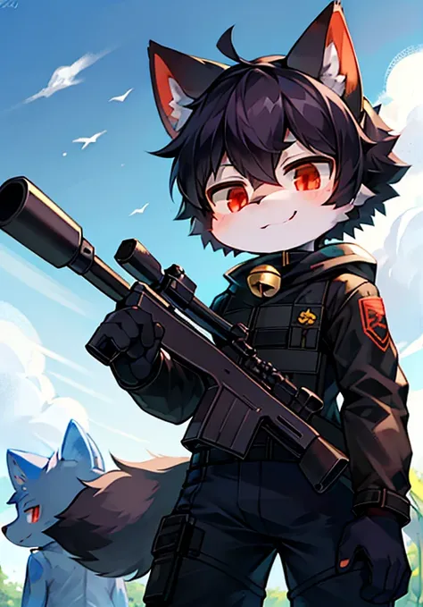 eaves，Armed with a sniper rifle，short hair，Black hair，Red Eyes，Ahog，bell，child，Wolf ears，Smile，No spots，Cub，Sky blue everywhere，Sky blue everywhere的毛，Wolf ears，Wolf Type，Big fluffy tail，masterpiece，High quality portrait，doll，Cub Scouts，Sniper Boy，Gale，Blac...