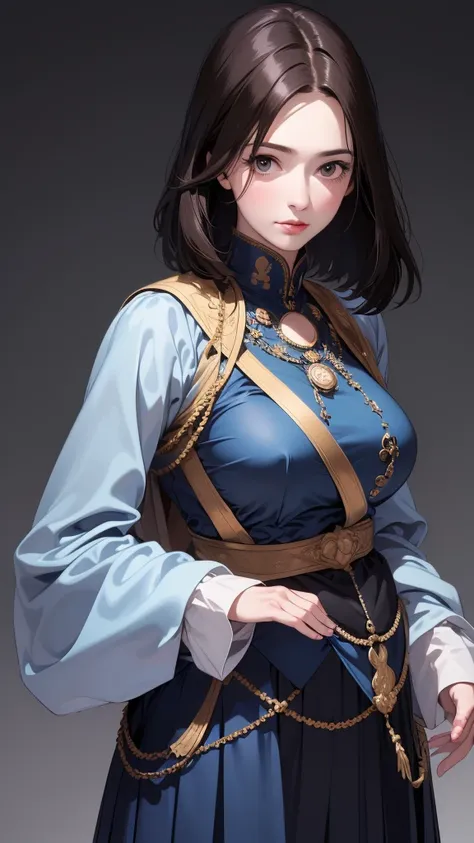 (Maximum resolution, clearly_image), best quality, masterpiece, Very detailed, Semi-realistic, Brunette woman with shawl, Black pupil, Mature, Mature woman, Imperial sister, Sexy, short hair, Triple Bangs, Light blue uniform, Light blue jacket, Soldier, Li...