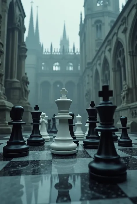 Battle in chess game Gothic setting White and black pieces Chess board Bishop strategy, rey , tower

