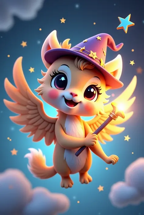 Digital 3D Artwork, A cute little griffon，Magic wand in hand，Wear a magic hat, She is flying, Stars twinkled around her