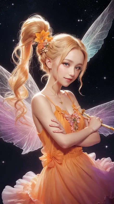 A beautiful flower fairy with orange dress and blonde ponytail hair,holding a starry wand. She has transparent, colorful wings and a gentle smile, facing the viewer directly. 
The background is a night garden filled with colorful flowers, depicted in roman...