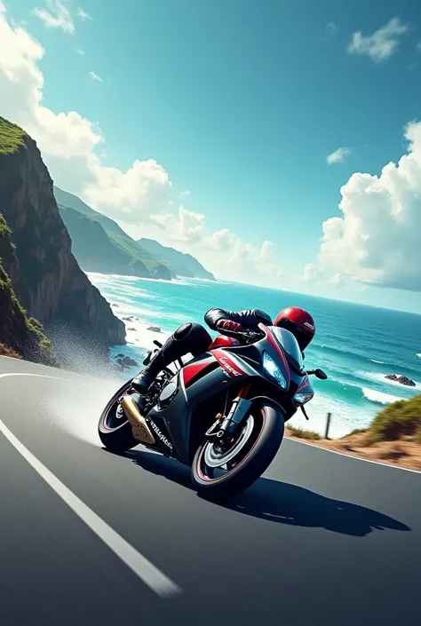  Create an image, in the background a sports bike going around a bend on the road by the sea with the blue sky, on the front plane must contain the words in Portuguese “MOTO EXPRESS - Where your motorcycle is, we are!”