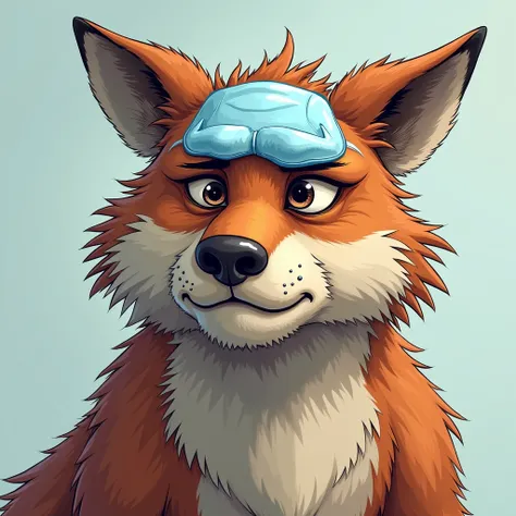 comic mature animal, having a fever, avatar portrait, ice pack on forehead