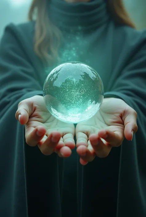 A glass sphere that appears to cast a spell on both hands in the image hint