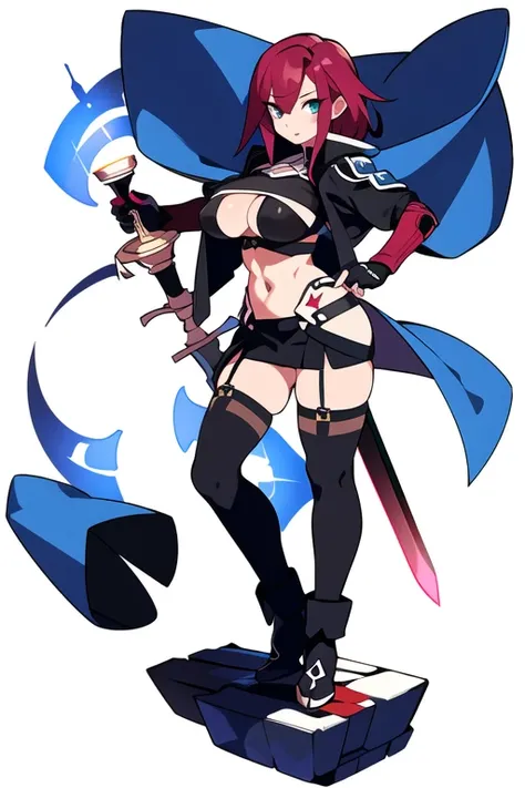 stand posture, cute eyes, adult female, solo, high fantasy cloth, ((white background)), full body, holding weapon, crop top, character design, vivid color,  (underboob cutout), great sword,　thighhigh,