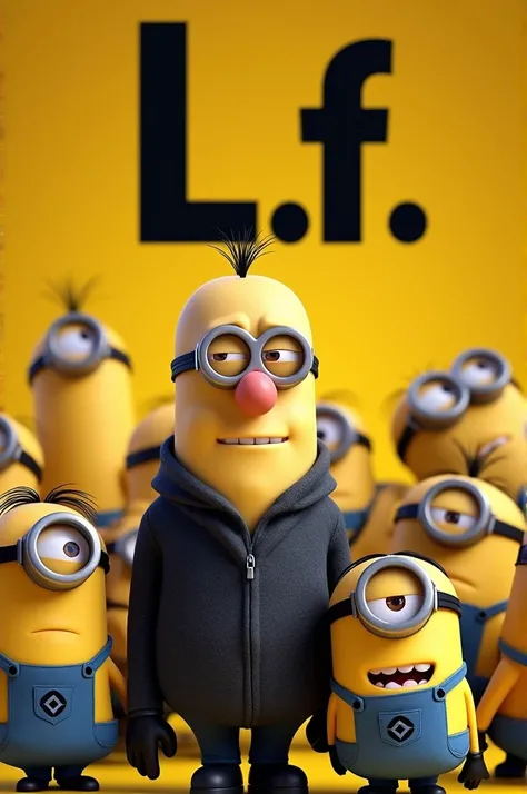 I want a picture of the initials (L.f.t) with Gru, the original Despicable Me and nine minions in the background and yellow and black colors 
