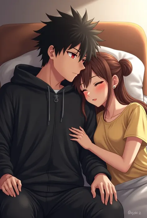 Anime boy ((( Spiky hair , black hair , black hoodie , red eyes , narrowed eye , handsome , sitting on a chair ))) , anime girl ((( eyes closed , brown hair , tied single bun hair style , yellow t shirt , blank t shirt , sleeping on bed , head on pillow ))...