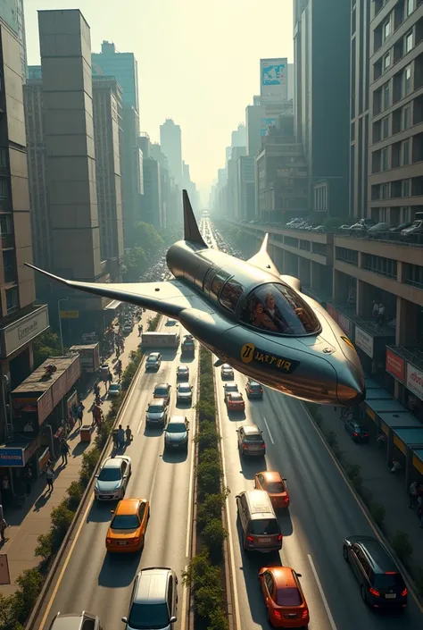 Space shuttle in Sao Paulo traffic with passengers going to work 