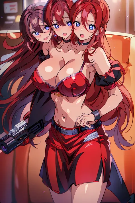 red hair, blue eyes,long hair, (3heads:1.5), open belly, very huge breasts, (very beautiful eyes:1.5), (very detailed eyes:1.5), exposed midriff, 3heads, three headed girl, girl with three heads, (masterpiece),(ultra-detailed), (high quality), (high resolu...