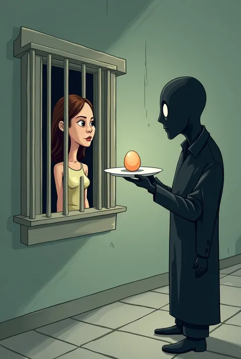 Cartoon image of a woman locked in a cell receiving an egg on a plate from a man.
