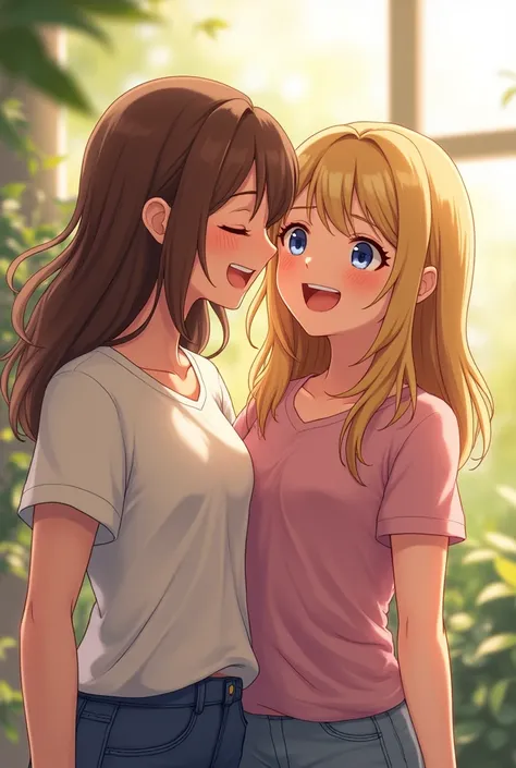 I  girl with light brown hair blue eyes and medium to light skin 5,1 medium hair smiling and laughing with her skin 1 inch shorter friend that has long thick blond hair and is a little tanner 