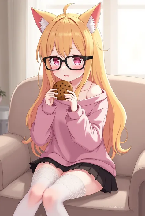 that she has a shy face that she has yellow hair, cat ears, black glasses, pink eyes, a super blushed pink sweatshirt, a low skirt, black shorts, white fishnet stockings that she is a super reserved girl sitting eating cookies