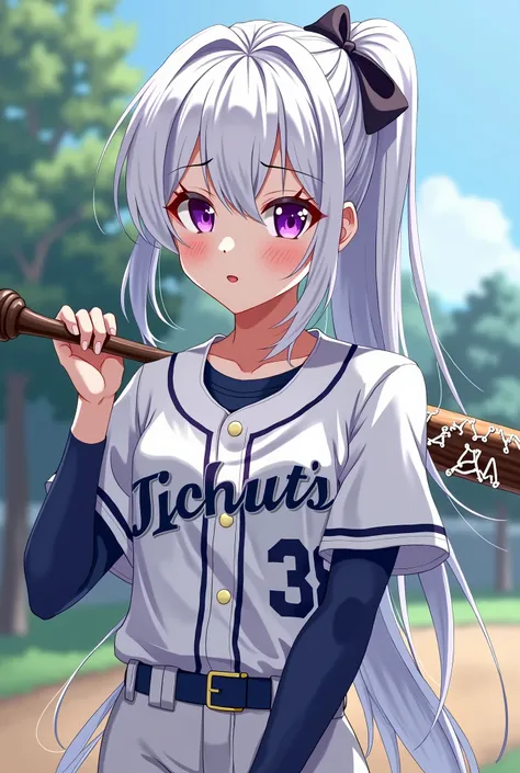 super high quality、white hair 、Purple Eyes、girl、High school student 、single ponytail、baseball player、light colored clothes、Long sleeve dark underwear