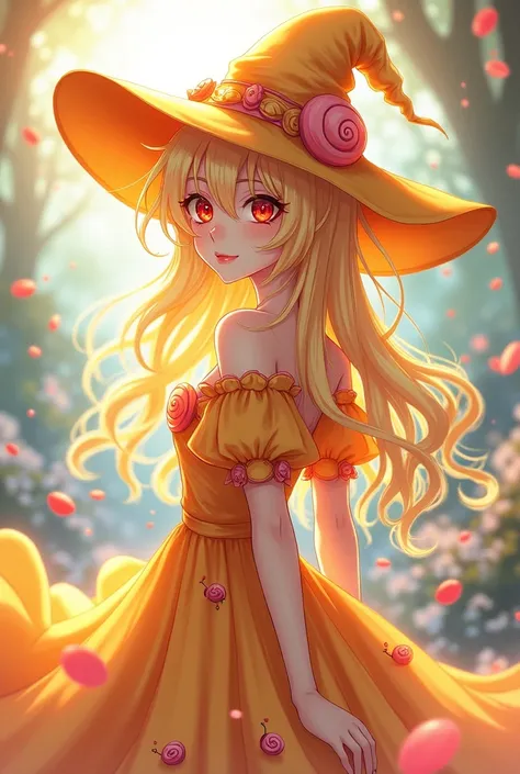  Create for me an adult Witch character in anime style with snail themed clothes pastel yellow and red colors hat with snail shell shape
