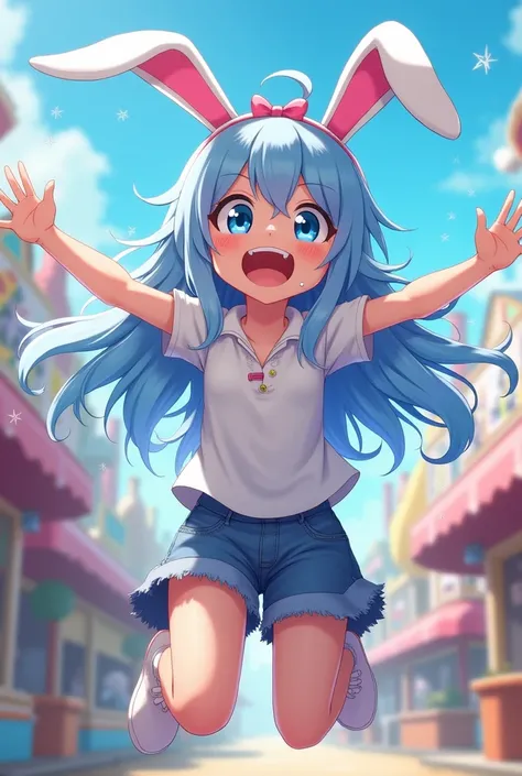 One girl, Long Hair, Open your mouth, blue eyes, Blue Hair/Light blue hair, ribbon, teeth, happiness/joy, Bunny ears, amusement park、Jumping、Anatomically correct, Sparkle Effect, Off-screen, 20th Generation、Sweat