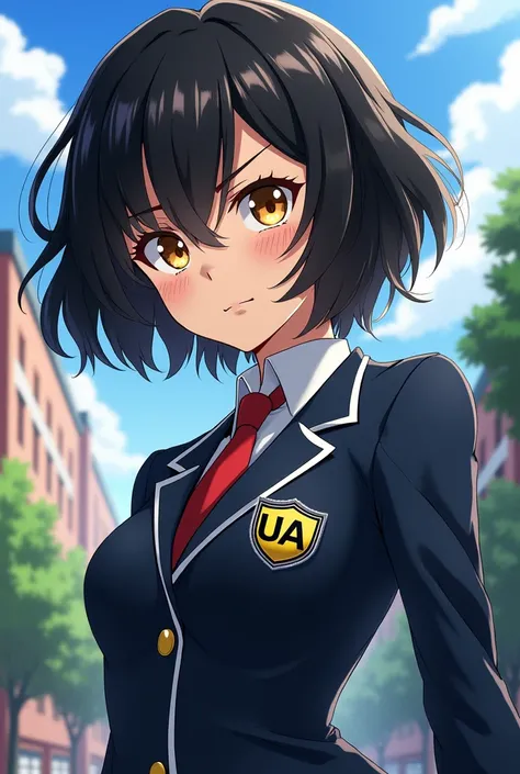 My hero academia template a  girl with short black hair with curls, with amber yellow eyes with the UA uniform