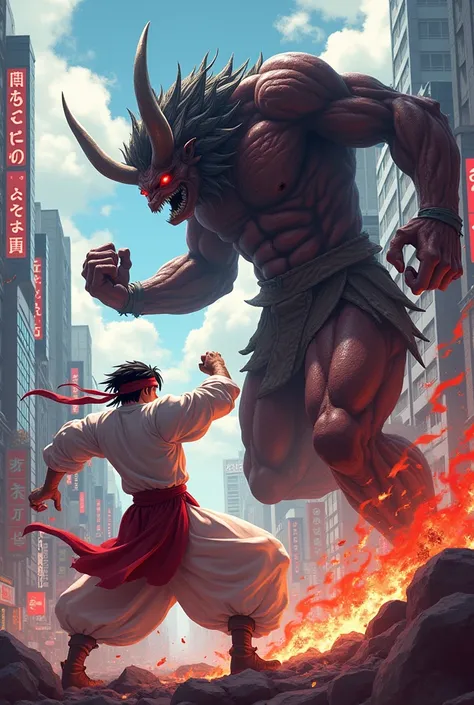 A fight between Satoru Gojo and Sukuna with the background of Shibuya as if it were in Street Fighter or Mortal Kombat