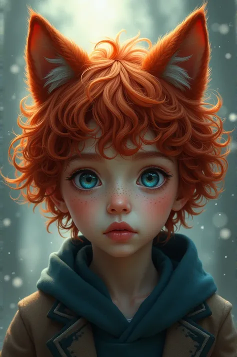 A Korean boy, redhead with long curly hair, with freckles on his face, blue eyes and full mouth, with wolf ears the same color as her hair.