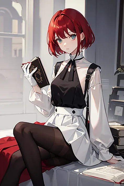 👀 Appearance: short red hair, greeneyes, Transparent black pantyhose, White long sleeve blouse, Black vest with white lines, black boots with white lines, white skirt, white gloves with small black parts. with a magic book matching the outfit