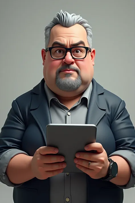 create a male avatar with the following characteristics short gray hair, obese, with a goatee, thin mouth, wearing black glasses, with a watch on his wrist holding a tablet