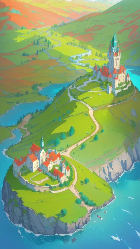 Colorful fantasy landscape, Vibrant colors, Rolling Hills, lush green trees, clear blue water, Mountain background, Winding white road, The red-topped tower in the foreground, Glowing crystals around the tower, Small building on the roadside, City Wall, Vi...