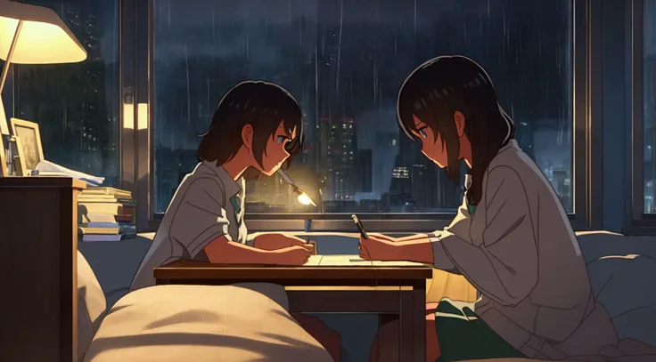 The protagonist is sitting at her desk in her room, with a lit lamp, writing in a diary, raining night, keeping focus and calm. (best qualityer), (8K resolution), (ultra righres)