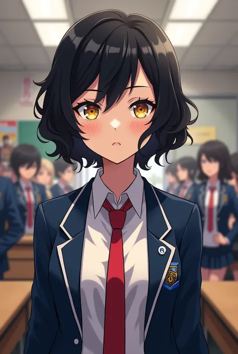 My hero academia template a  girl with short black hair with curls, with amber yellow eyes with the UA uniform, being in the classroom with the other students 