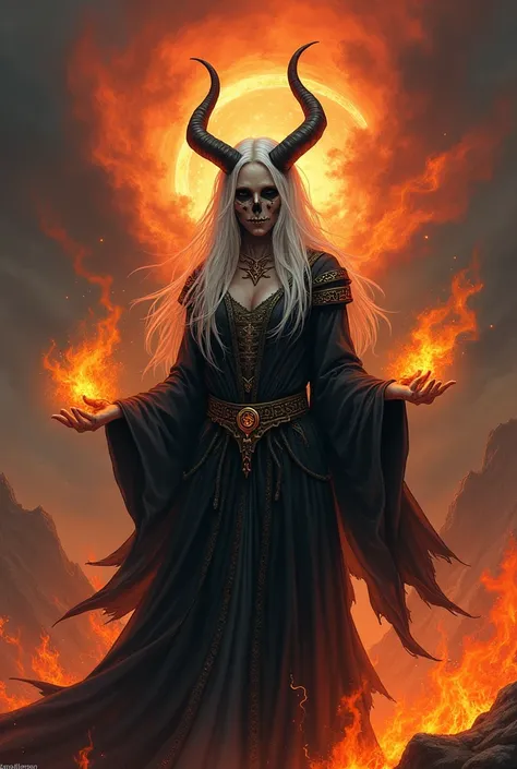 An woman with horns, white hair, half skeleton face and a Wizard robe, summoning fire 