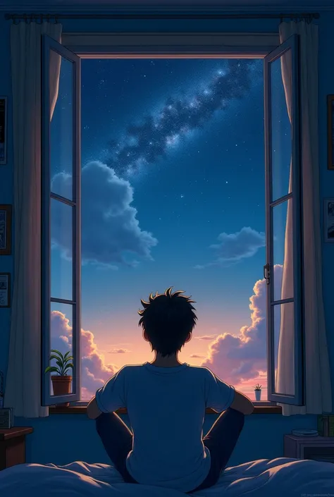 A young man watching the night sky from his room 