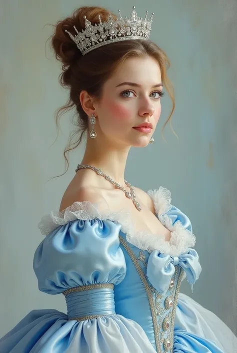 a paint of a queen wearing rococo dress, color blue pastel with her crown making her look very cute, and showing royalty