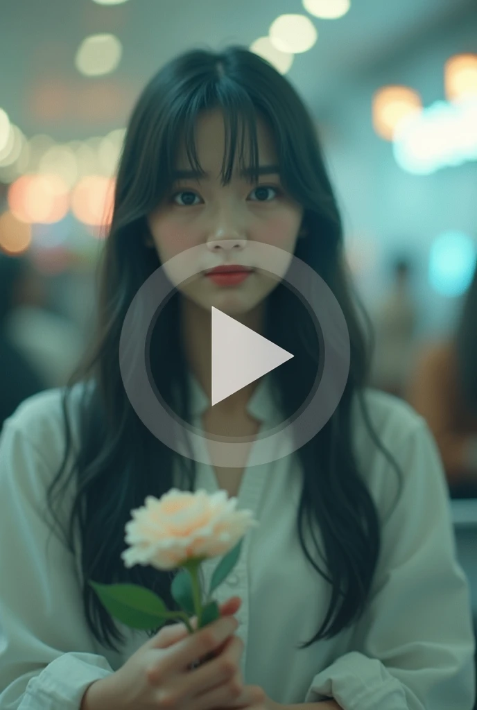 completely blurred image of brunette woman with long hair, black and straight Sitting in the food court of the mall getting a flower from me with a play button in the center of the image 