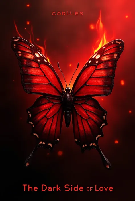 Create a cover for a book, the title of the book is "the dark side of love" the cover contains a reddish tone and a red butterfly almost on fire on the front. The authors name is carll1es 