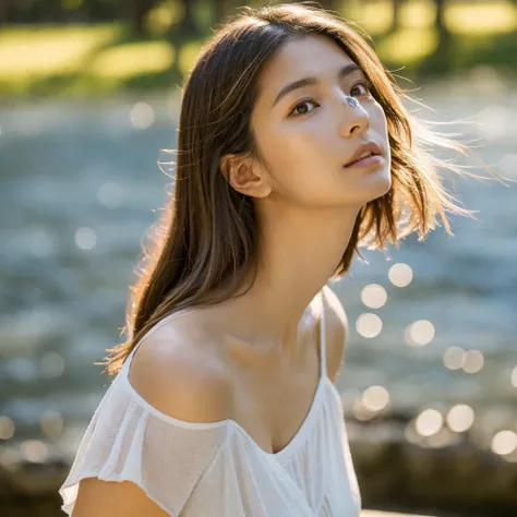 A hyper-realistic image of a single Japanese woman in her early 20s, captured with the nostalgic warmth and pronounced graininess of a film camera. She is shown from the shoulders up, with a variety of hairstyles such as straight, wavy, or lightly tousled ...