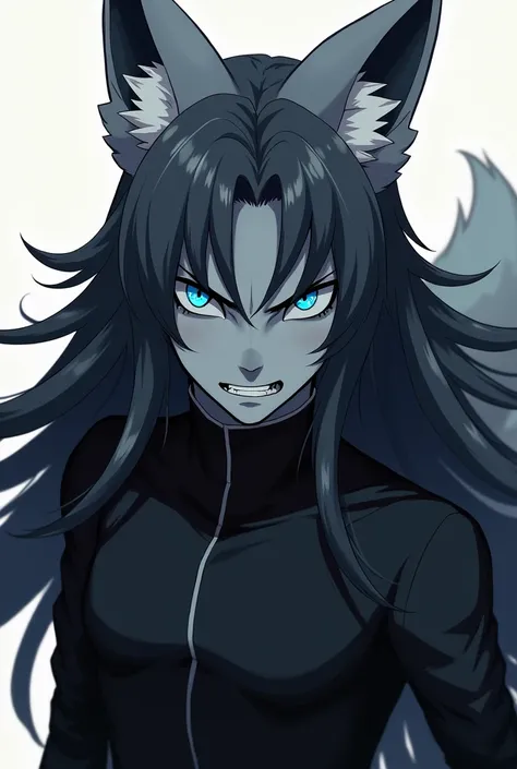 a gray fox anthropomorphic male with angry anime-style blue eyes, wearing a black uniform and having long black hair, detailed facial features, highly detailed