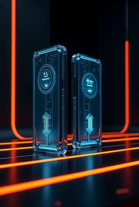 glass cell phones with digital locks futuristic black background with orange and blue lines