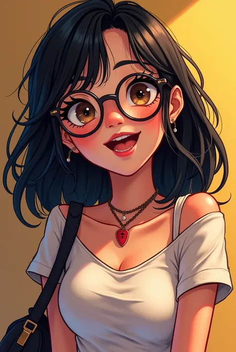 pretty young woman on her 18 years, with glasses, freckles, black hair, cat eye eyeliner), with mini skirt, a necklace with a guitar pick hanging, laughing. she has a hand bag