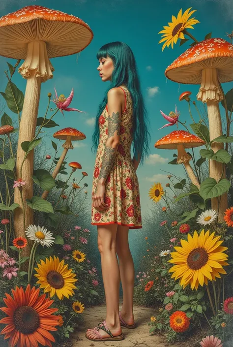 Joel-Peter Witkin ernst haeckel style wideshot fisheye  candid photo of  a natural blue hair 40 year old hippy wiccan punk woman  in a sleeveless tshirt dress, thighs, legs ((tattoos)) in a psychedelic jugendstil tarot symbolist surreal sunflowers orchids ...