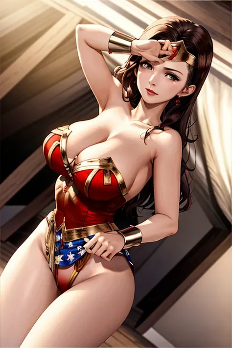 masterpiece, best quality, beautiful art, high resolution, well formed hands, body and fingers, 1 woman, solo,  Lynda Carter, full body picture, grown up, adult, large and big breasted, cleavage, hair ornament, wearing a wonder woman outfit , wonder_woman_...