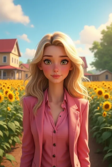 A Disney Pixar-Inspired movie poster with title “(Change is Possible)”.“(female 30s, skin fair, brown hair with slightly wavy blonde highlights, long hair wearing a pink blazer and a pink shirt, a background of a country town with soybean farming fields )”...