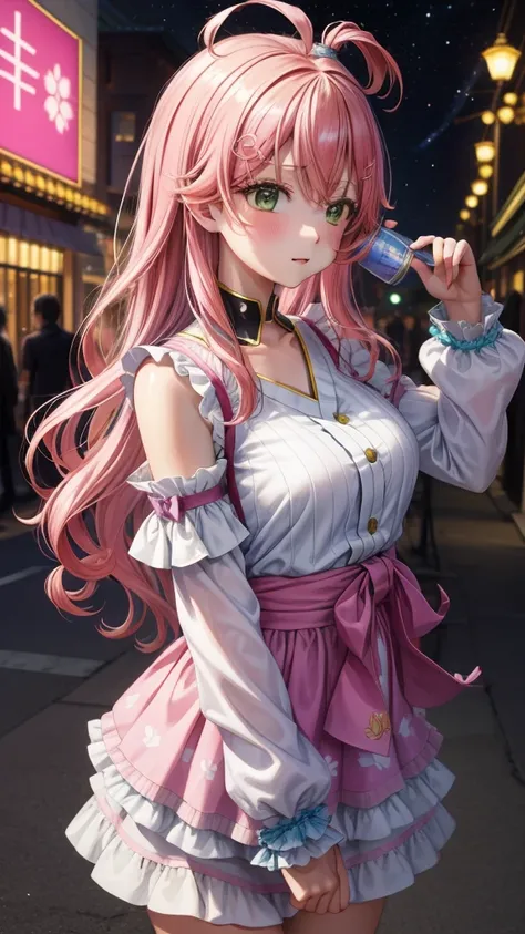 (best quality: 0.8), (best quality: 0.8), Perfect anime illustration, Close-up portrait of a beautiful woman，Walking in the city，Long purple hair，Huge breasts，Blushing eyes (((National Foundation))) 透明白色连衣裙霓虹夜城超级细节超级细节的脸明亮的眼睛星系在眼睛absurdes的4k全高清顶部在pixiv超级做得...