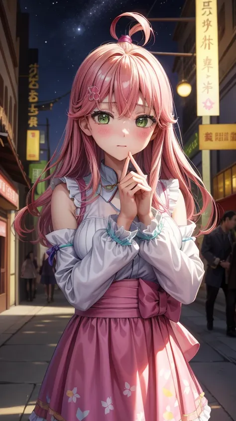 (best quality: 0.8), (best quality: 0.8), Perfect anime illustration, Close-up portrait of a beautiful woman，Walking in the city，Long purple hair，Huge breasts，Blushing eyes (((National Foundation))) 透明白色连衣裙霓虹夜城超级细节超级细节的脸明亮的眼睛星系在眼睛absurdes的4k全高清顶部在pixiv超级做得...